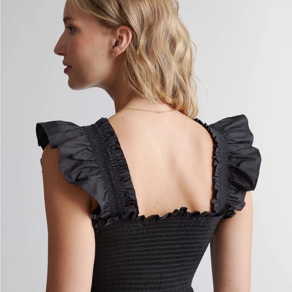 NWT Quince 100% Organic Cotton Poplin Smocked Midi Dress- Black Size L. - Picture 4 of 10